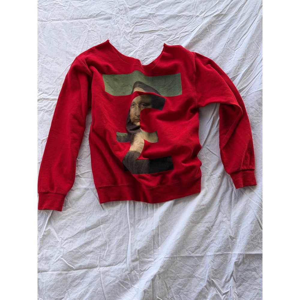 Mona‎ Lisa Pound Sign Graphic Sweatshirt Red Custom Cut Neck Streetwear Art